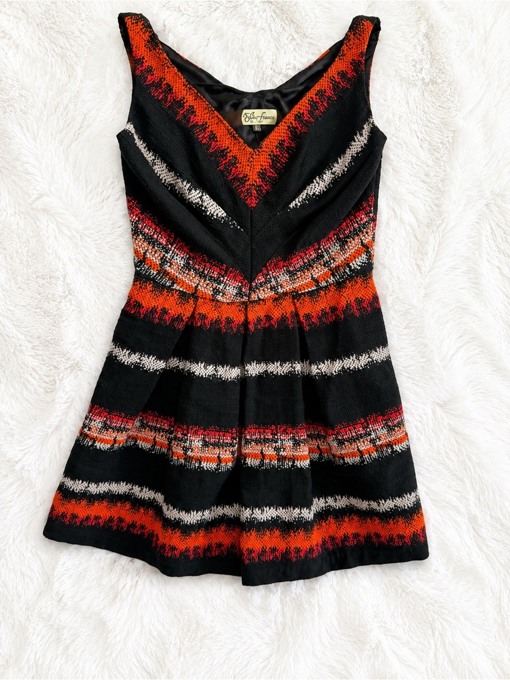 Eva Franco Black Mini Dress with Orange and Red Stripe Detail